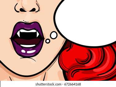 Close-up of a pop-art vampire woman's face with purple lips. Halloween vector illustration with bubble for text