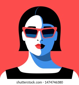 Close-up portrait of abstract girl with short black hair, wearing black dress and sunglasses. Vector illustration