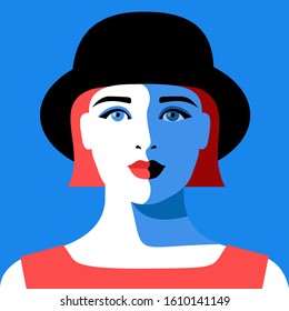 Close-up portrait of abstract girl with short red hair, wearing red dress and black hat. Vector illustration