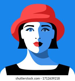 Close-up portrait of abstract girl with short hair, wearing black dress and red hat. Vector illustration