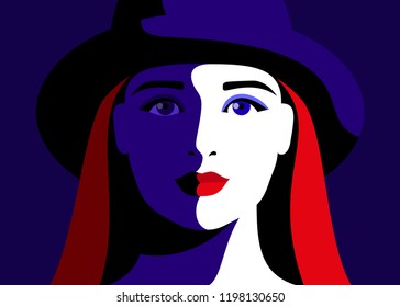 Close-up portrait of abstract young girl wearing hat. Vector illustration