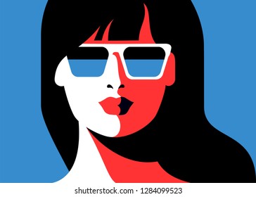 Close-up portrait of abstract young woman. Long hair, sunglasses. Vector illustration