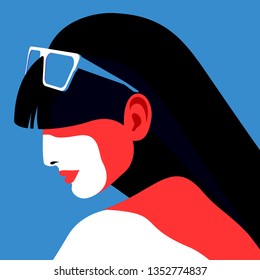 Close-up portrait of abstract young woman. Profile face, long hair, sunglasses. Vector illustration