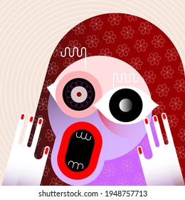 Close-up portrait of an adult woman in a hood who raised her hands to her face and screams heartbreakingly. Vector artwork.