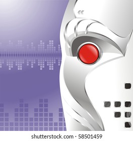 close-up portrait of the android against a sound track background