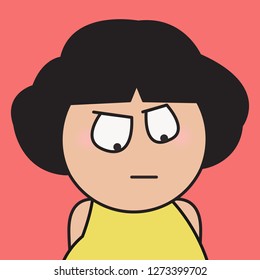 Closeup Portrait Angry, Cranky, Grumpy Expression Girl Looking Down Concept Card Character illustration