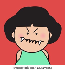 Closeup Portrait Angry Grumpy Devil Face Girl Concept Card Character illustration