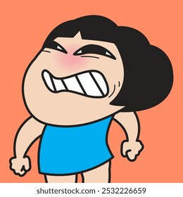 Closeup Portrait Of An Angry young woman Grinning And Clenching Hands concept cartoon character