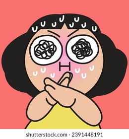 Closeup Portrait Of An Anxious Girl With Her Messy Eyes Making A Forbidden No Sign Hands Gesture Concept Card Character illustration