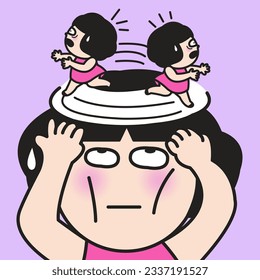 Closeup Portrait Of An Anxious Woman With Her Panic Thoughts Loop Cycle Concept Card Character illustration