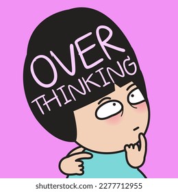 Closeup Portrait Of Anxious Young Woman With Her Oversize Over Thinking Head Concept Card Character illustration