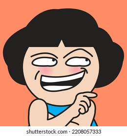 Closeup Portrait Of Asian Woman Make Sly Or Cunning Smile And Hand Point Out As She Knows The Secret Concept Card Character illustration