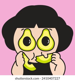 Closeup Portrait Of An Avocado Eater Girl With Her Avocado Eyes Concept Card Character illustration