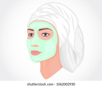 Close-up portrait of a beautiful young woman in half a turn isolated on white background with green cosmetic mask on her face and a towel on her head. EPS 10.