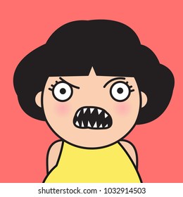 Closeup Portrait Bitter Displeased Pissed, Angry, Cranky, Grumpy Big Eye Girl Concept Card Character illustration