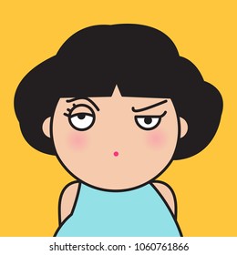 Closeup Portrait Bitter Displeased Pissed, Angry, Cranky, Grumpy Girl Concept Card Character illustration