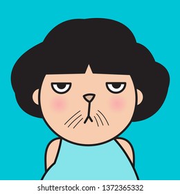 Closeup Portrait Bitter Displeased Pissed, Angry, Cranky, Grumpy Cat Face Girl Concept Card Character illustration