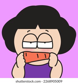 Closeup Portrait Of Boring Young Girl With Carrot Mouth. Veggie Hater Concept Card Character illustration