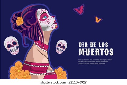 Retrato de cierre de Calavera Catrina. Mujer joven con maquillaje de azucar. Dia de Los Muertos. Día de los Muertos. Halloween.