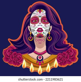 Retrato de cierre de Calavera Catrina. Mujer joven con maquillaje de azucar. Dia de Los Muertos. Día de los Muertos. Halloween.