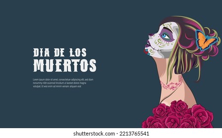 Retrato de cierre de Calavera Catrina. Mujer joven con maquillaje de azucar. Dia de Los Muertos. Día de los Muertos. Halloween.