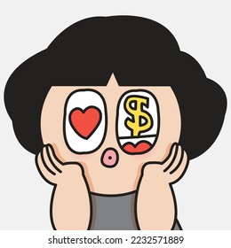 Closeup Portrait Of A Cheerful Girl With Her Slot Machine Money And Red Heart Eyes Concept Card Character illustration