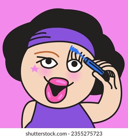 Closeup Portrait Of A Confident And Cheerful Woman Applying Fashional Electric Blue Mascara On Eyelashes With Makeup Brush Concept Card Character illustration