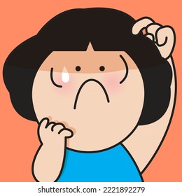 Closeup Portrait Of A Confused Girl With Anxious Face Scratching Her Head Concept Card Character illustration