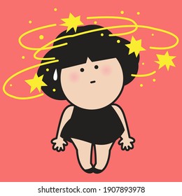 Closeup Portrait Of Confused Girl With Dizziness Star Swirl On Head Concept Card Character illustration