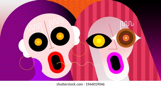 Close-up portrait of couple shocked and amazed women. Two surprised female faces vector illustration. 