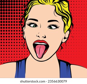 Closeup Portrait of crazy silly beautiful blonde girl with eyes crossed, putting out tongue fooling around. sticking tongue out happy with a funny expression. Vector Comic Book Retro Vintage Pop Art