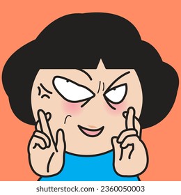 Closeup Portrait Of A Creeping Cunning Girl Smiling With Hand Showing Crossed Fingers Lie Symbol Concept Card Character illustration