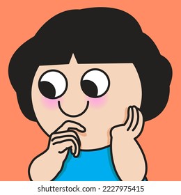 Closeup Portrait Of A Curious Girl Touching Her Chin Concept Card Character illustration