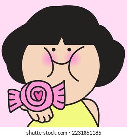 Closeup Portrait Of A Cute Chubby Cheek Girl Giving Her Sweet Heart Candy To Someone Concept Card Character illustration