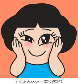 Closeup Portrait Of Cute Girl Smiling With Winking Eyes And Hands On Cheek Concept Card Character illustration