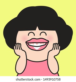 Closeup Portrait Of Cute Smiling Woman With White Shaped Heart On Lips Concept Card Character illustration