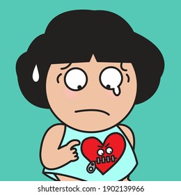 Closeup Portrait Of A Depressed Girl With Grumpy Heart That Avoids Communicating When It’s Upset Or Angry At Her. Character Concept Card illustration