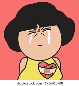 Closeup Portrait Of Desperate Upset Girl Crying With Adhesive Elastic Medical Plaster On Her Injured Heart Concept Card Character illustration