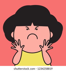 Closeup Portrait Dictatorship Bitter Displeased Pissed, Angry, Cranky, Grumpy Expression Girl Concept Card Character illustration