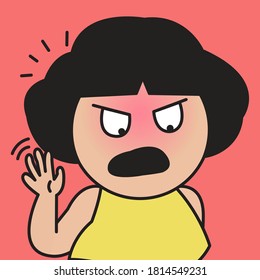 Closeup Portrait Of Displeased Girl With Grumpy Face Raising Her Palm Outward To Hit Something Concept Card Character illustration
