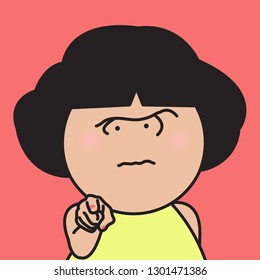 Closeup Portrait Displeased Grumpy Girl Pointing Angrily At Someone Concept Card Character illustration