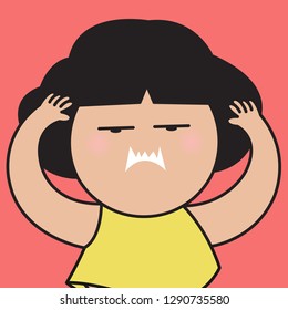 Closeup Portrait Displeased Moody Grumpy Girl With Her Devil White Teeth Facial Expression Concept Card Character illustration