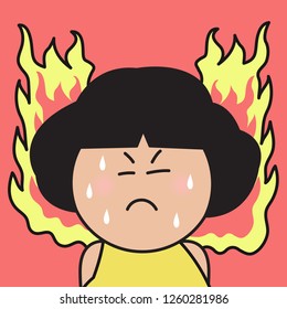 Closeup Portrait Displeased Pissed, Angry, Cranky, Grumpy Facial Expression Girl With Fire Coming Out Of Her Head Concept Card Character illustration