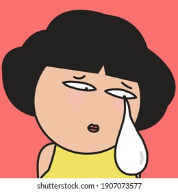 Closeup Portrait Of Distress Girl Crying A Big Single Tear Drop Concept Card Character Illustration