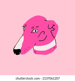 Close-up Portrait Of Dog. Greyhound Or Whippet Breed. Abstract Pink Color. Cartoon Style. Home Pet, Animal Care Concept. Hand Drawn Modern Isolated Vector Illustration. Logo, Icon, Avatar Template