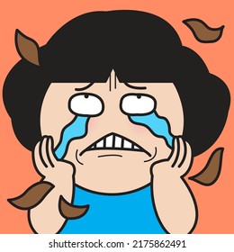 Closeup Portrait Of A Dramatic Sad Girl With Hopeless Face And Falling Brown Leaves Concept Card Character illustration