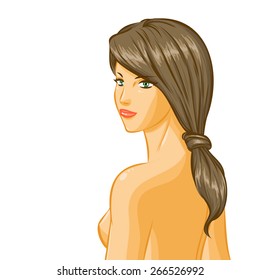 Closeup with portrait of elegant beautiful nude smiling  girl with closing eyes and luxury hairstyle. Back view, profile of woman. Vector color cartoon on white background.
