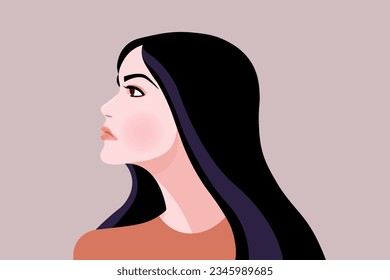 Close-up portrait of a elegant lady with black long hair. Beautiful woman side view. Vector illustration.