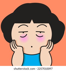 Closeup Portrait Of A Fatigued Girl With Boring Face Holding Cheeks With Her Hands Concept Card Character illustration