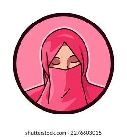 close-up portrait of a female character wear Niqab. Islamic veil, headscarf. round, circle avatar icon for social media, user profile, website, app. Line cartoon style. vector illustration.